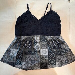 No Boundaries Black Crochet Bodice Patterned Peplum Camisole